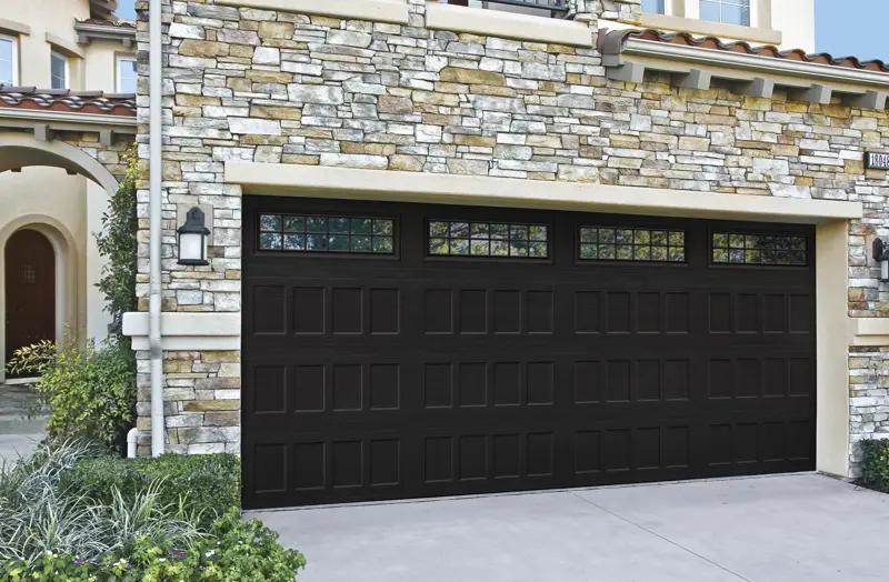Black recessed glazed steel double garage door